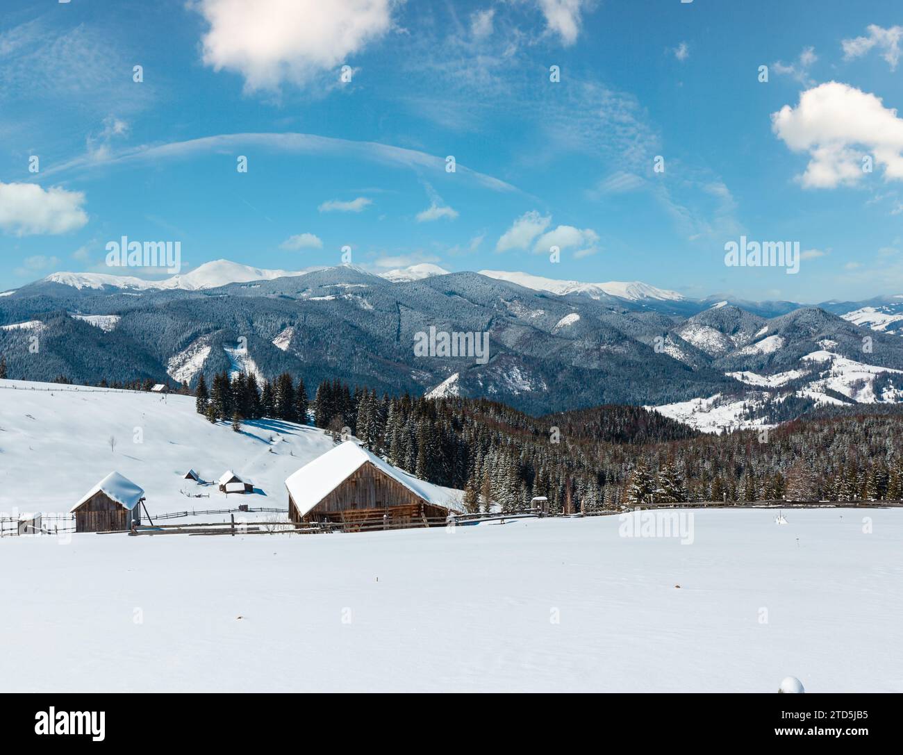 Malerisch verschneiten Winter Skupova Berghang und einsame Bauernhaus auf der Hochebene Gehöft, Karpaten, Ukraine, Verkhovyna Bezirk. Chornohora Ridge ein Stockfoto