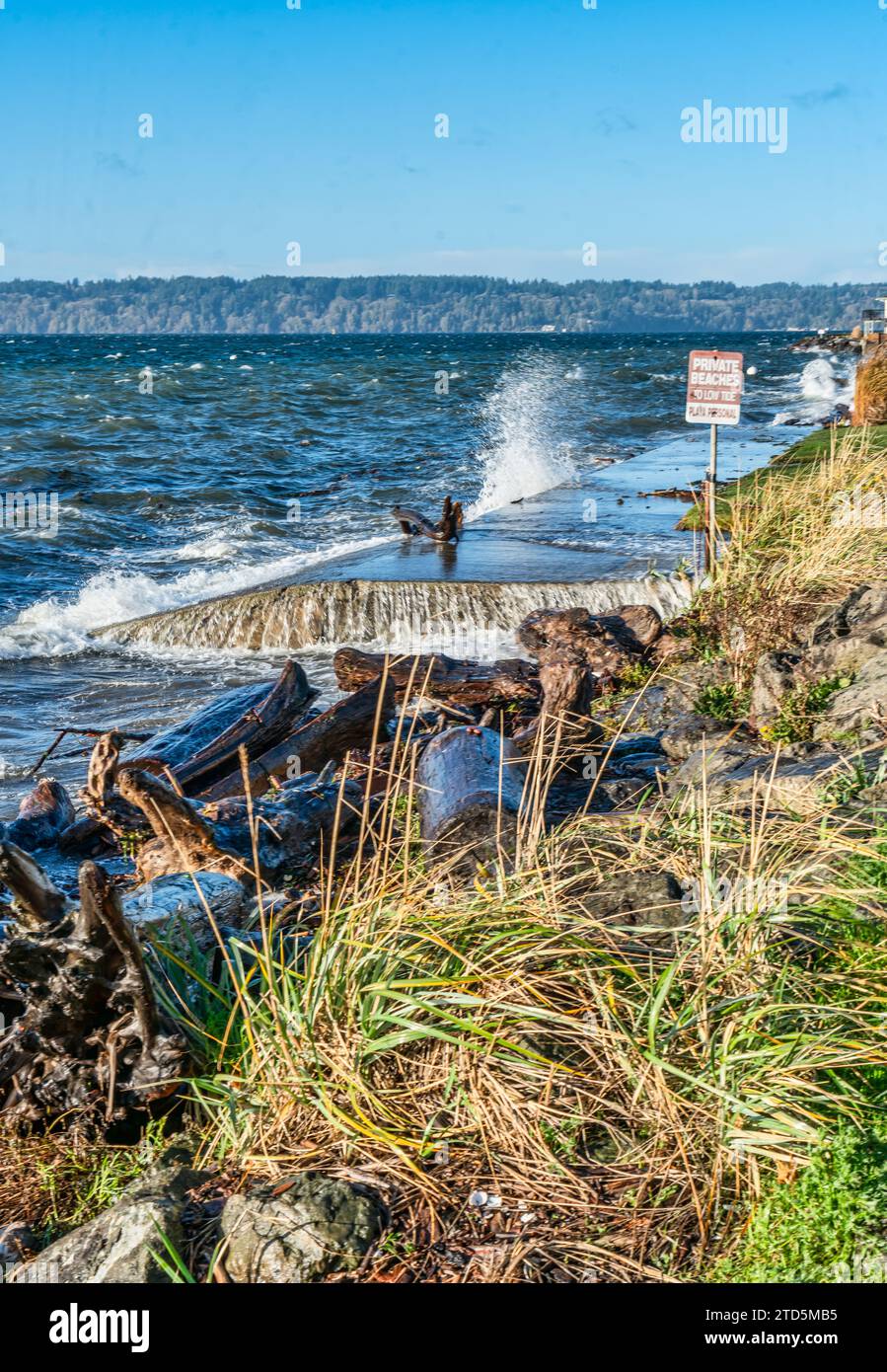 Landbruch an einer Meeresmauer in Burien, Washington. Stockfoto