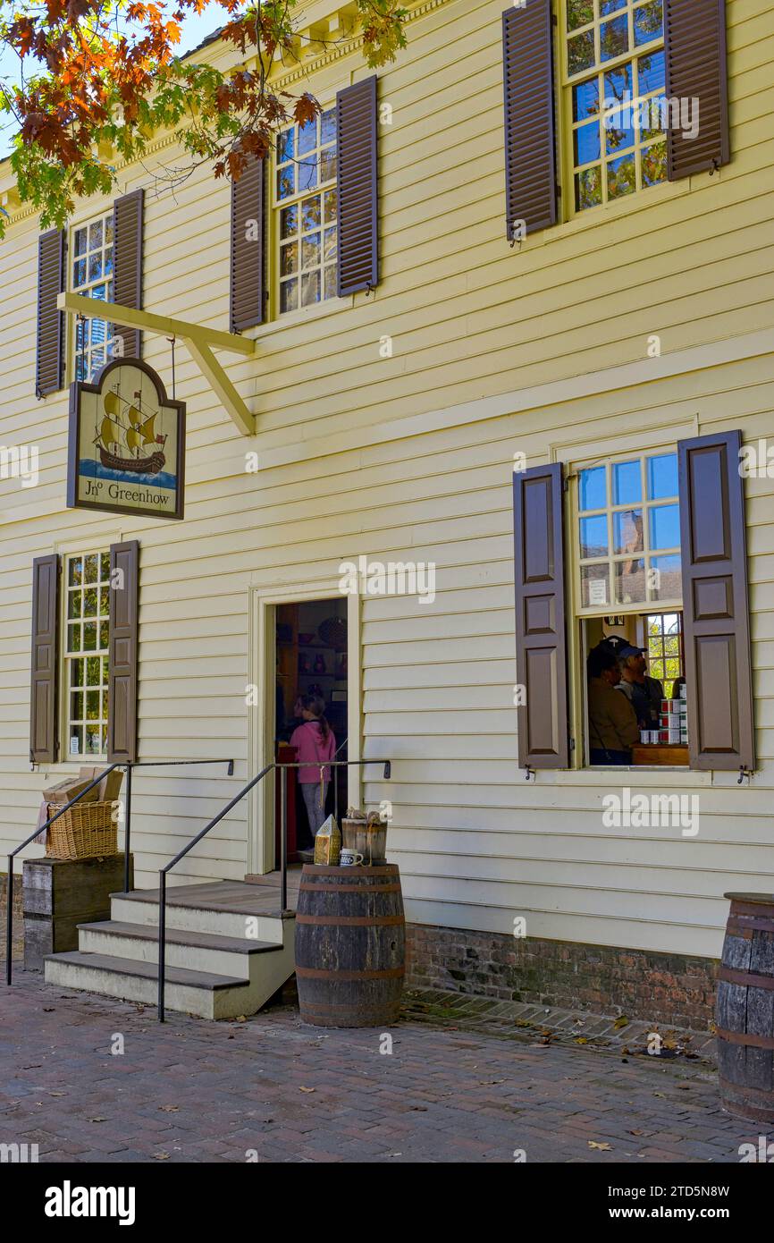 John Greenhow in der Duke of Gloucester Street in Colonial Williamsburg, Virginia Stockfoto