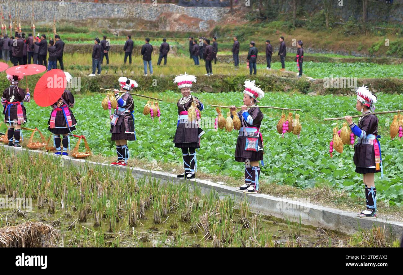 Menschen aus der ethnischen Gruppe der Dong tragen Kostüme, um das jährliche Dong-Jahr am 16. Dezember 2023 im Dorf Zhaoxing Dong im Kreis Liping, Qiandongnan Miao und der Autonomen Präfektur Dong in Qiandongnan, China, zu feiern. (Foto: Costfoto/NurPhoto) Stockfoto