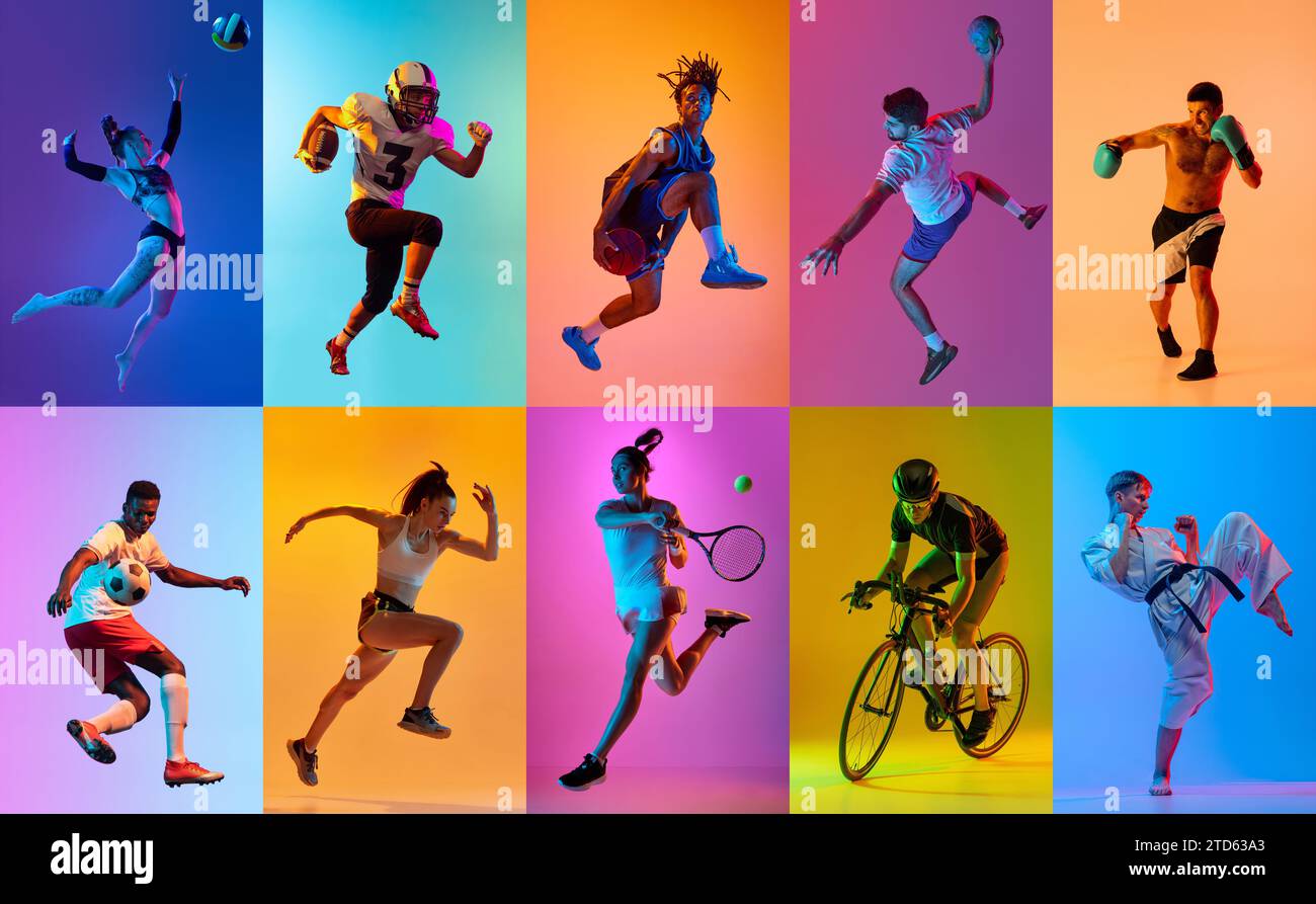 Collage mit verschiedenen jungen Menschen, Männern und Frauen, Athleten verschiedener Sportarten in Bewegung über mehrfarbigem Hintergrund im Neonlicht Stockfoto