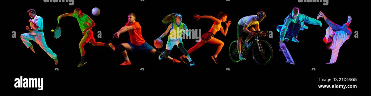 Collage. Sportliche, sportliche Jugendliche, die verschiedene Sportarten ausüben, trainieren über schwarzem Hintergrund im Neonlicht Stockfoto