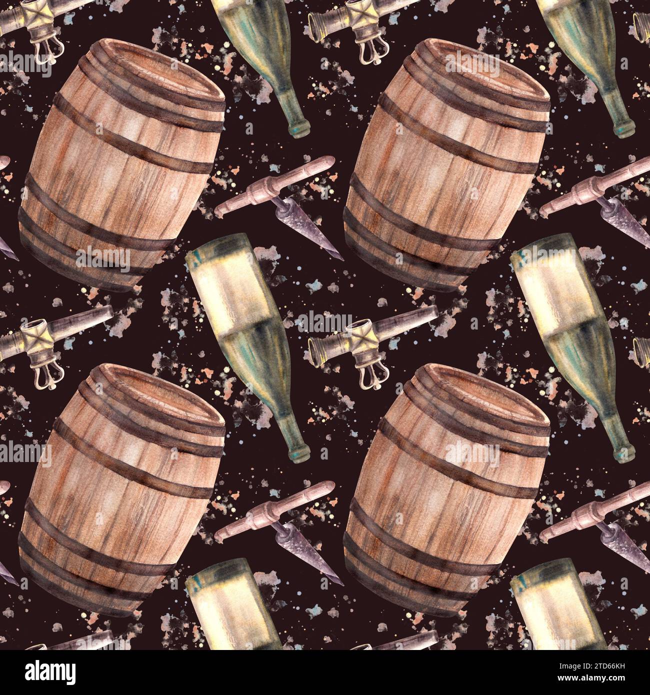Eine Flasche Weißwein, Holzfässer, Wasserhahn und Korkenzieher mit Aquarellflecken. Nahtlose Zeichnung von Hand. Clipart für die Weinherstellung Stockfoto