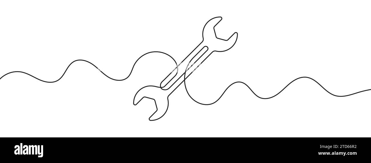 Fortlaufende editierbare Linienzeichnung des Schlüssels. Hintergrund einer Zeichnung mit einer Linie. Vektorabbildung. Symbol für Einzeilen-Schraubenschlüssel. Stock Vektor