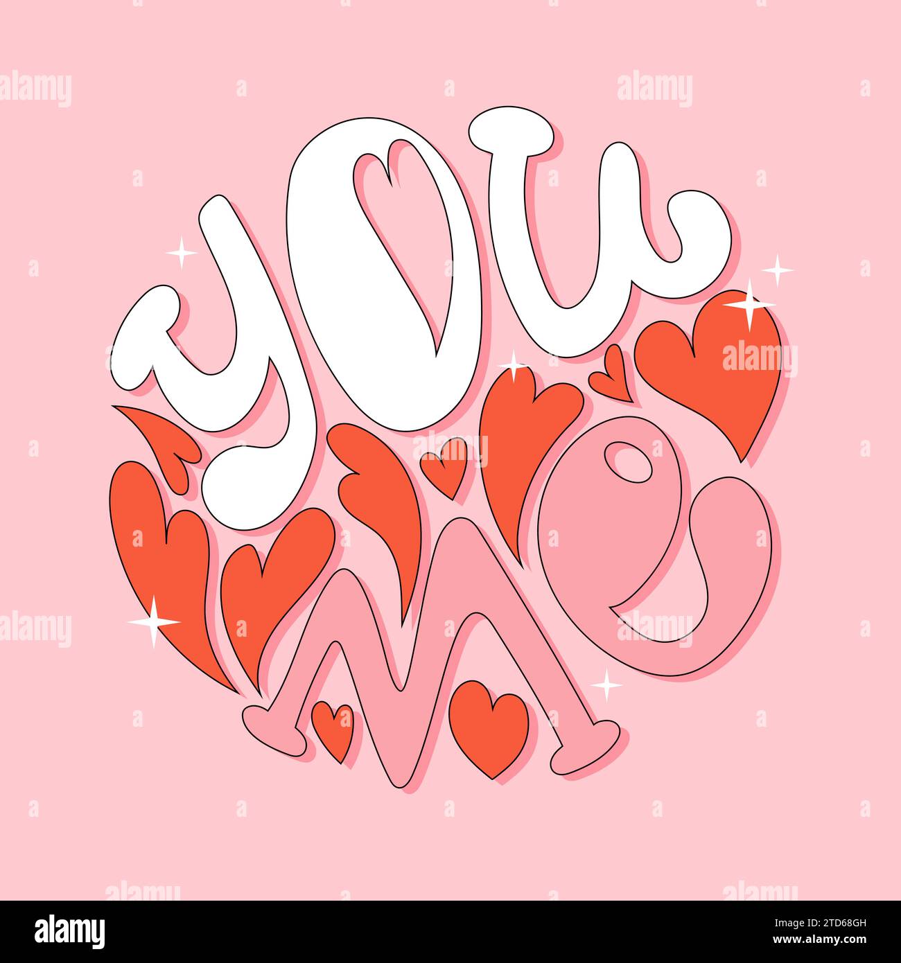 Handgezeichneter Brief mit groovigem Stil und Schatten. Niedliche rosa und weiße Illustration mit roten Herzen. Stock Vektor
