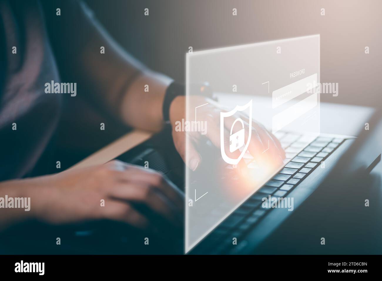 Frau hält Laptop mit virtueller globaler Welt mit Cyber-Sicherheit, Login, Benutzer, Sicherheit und Verschlüsselung von Identifikationsdaten, sicherem Zugriff auf Benutzer per Stockfoto