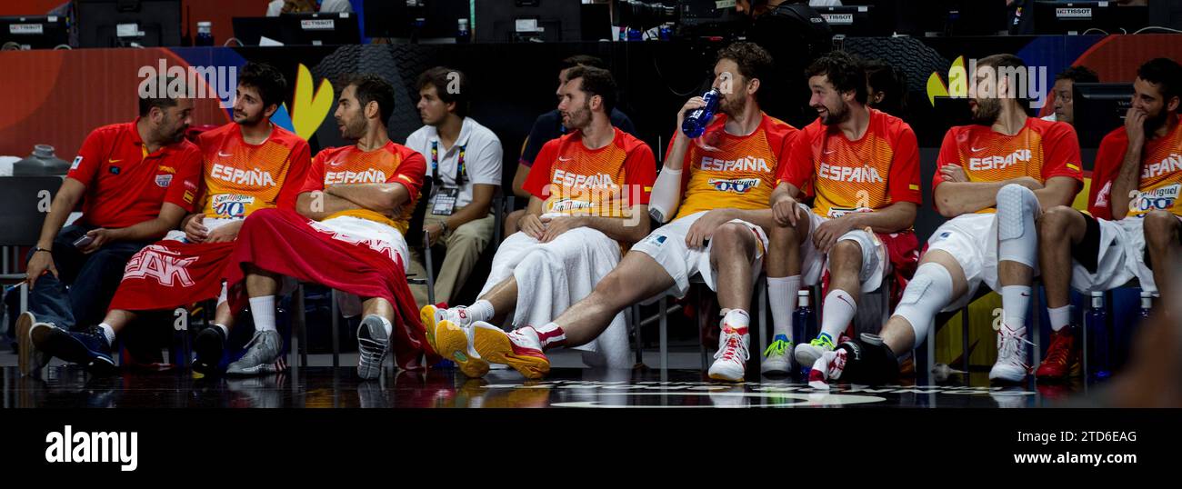 Madrid, 6. September 2014. Mundokorb 2014. Spanien - Senegal. Im Bild: Ricky Rubio, Calderon, Gasol, Llull, Navarro. Foto: Ignacio Gil Archdc. Quelle: Album / Archivo ABC / Ignacio Gil Stockfoto