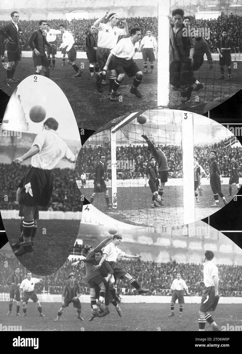 12/01/1925. Madrid. Von der Fußballmeisterschaft. Madrid-Racing-Spiel. 1.- Alegría Monjardin (X), wenn der Ball im Netz des Gegners gesehen wird. 2.- Ein 'Kopf' des Madrider Zentrums nach vorne. 3.- Madrids zweites Tor. 4.- Ein "Nahkampf" beim Roten und Schwarzen Tor. Quelle: Album / Archivo ABC / Virgilio Muro Stockfoto