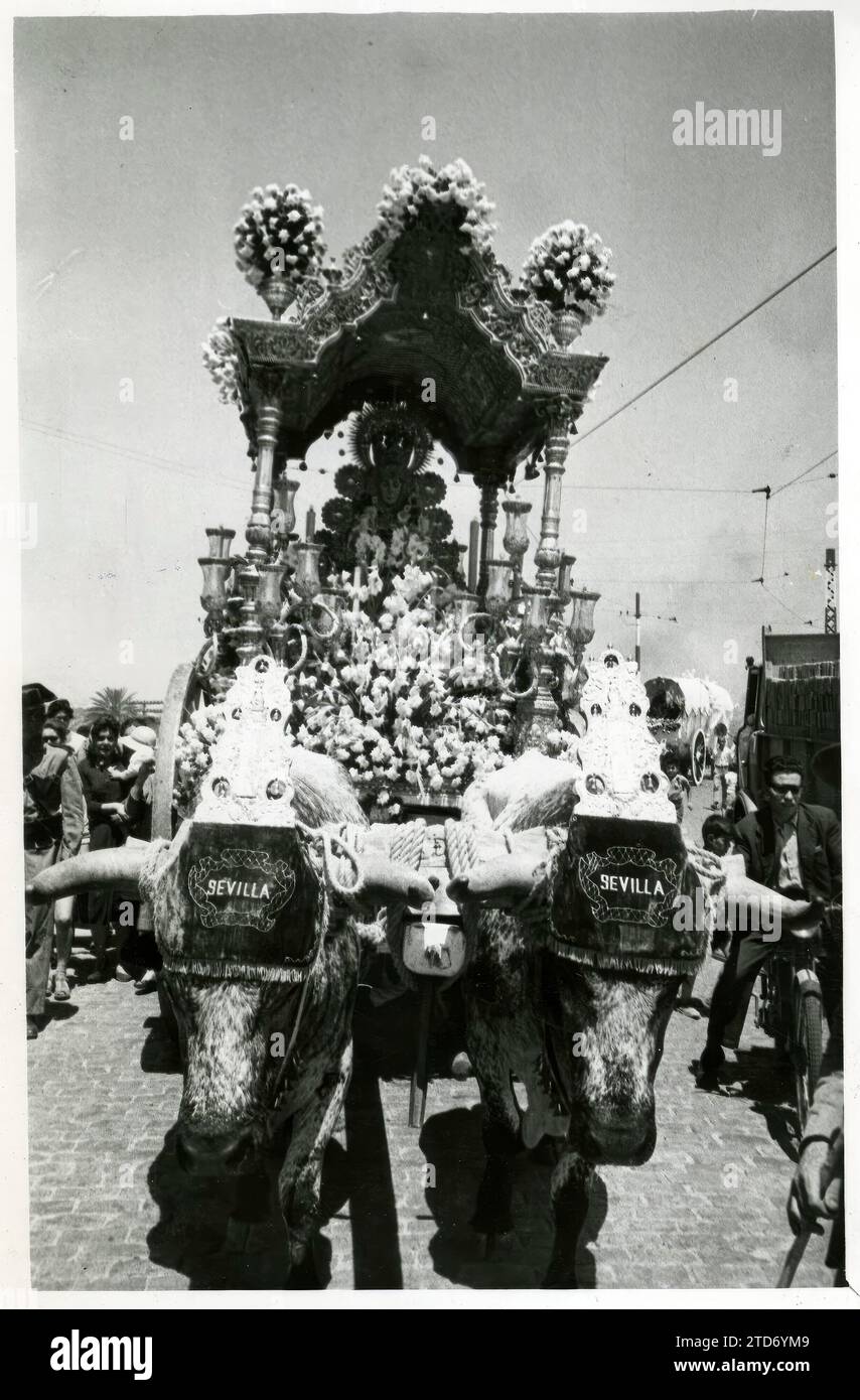 Rocío Tau 03. Wallfahrt 1961. Die Bruderschaft von Sevilla, deren älterer Bruder Enrique Beca Gutiérrez war, ging am 18. Mai desselben Jahres auf eine Pilgerreise. Das Bild zeigt uns die Jungfrau des Erlösers Rocío im Simpecado-Wagen auf dem Weg zur Pfarrkirche San Juan de Aznalfarache, wo sie nach einem Brauch der Bruderschaft bis zur Rückkehr des Camino deponiert blieb. Der Wagen hatte eine Begleitperson der Zivilwache und rechts vom Schnappschuss sieht man die Verlegung der Straßenbahnkabel. Highlander. Quelle: Album / Archivo ABC / Serrano Stockfoto