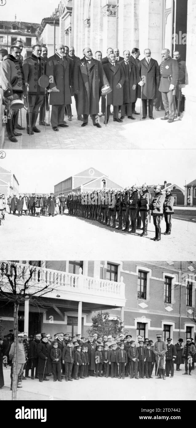 12/13/1917. Der Kriegsminister in Valladolid. 1.-Mr. De la Cierva (X) mit den zivilen und militärischen Behörden auf der Terrasse des Rathauses. 2.-Überprüfung des Farneser Regiments. 3.-der Minister (X) in der Waisenkinderschule der Kavallerie. Quelle: Album / Archivo ABC / Julio Duque Stockfoto