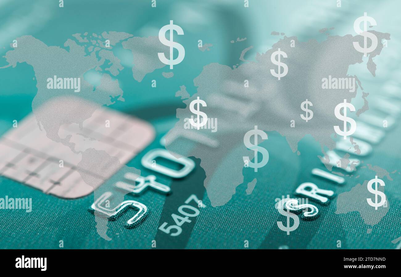 Globales Finanzierungskredit-Konzept. Doppelbelichtung Kreditkarte, Weltkarte, Dollar. Stockfoto