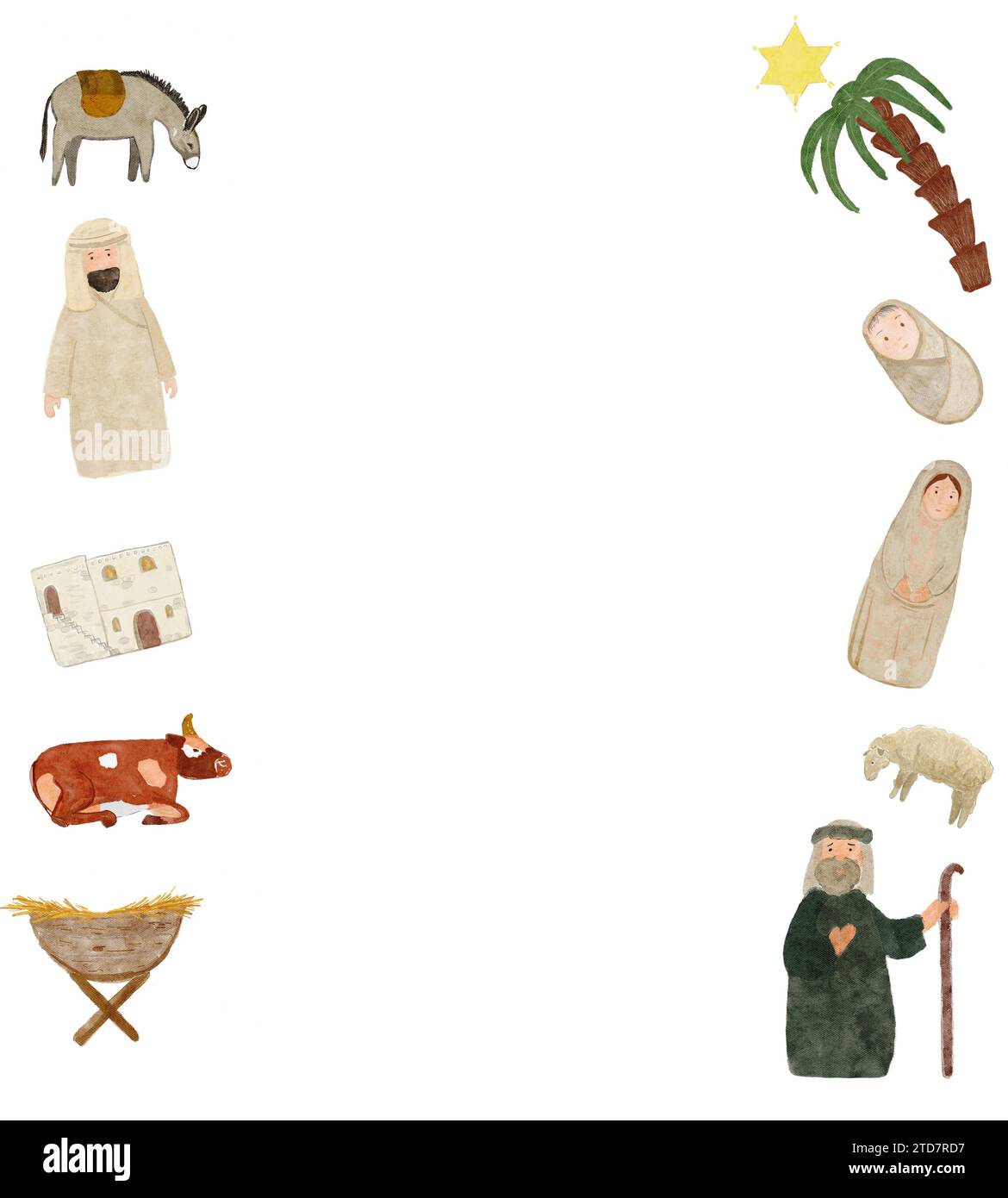 Handgemalte Aquarellkarte mit Krippe, Maria, Scheune, Hirte, Tiere isoliert auf weiß Stockfoto