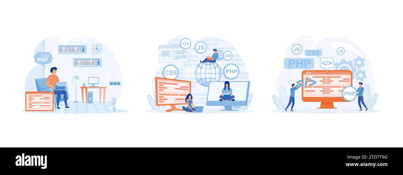 Junge schöne Mädchen Programmiererin hinter einem Laptop und einem Computer, Programmierkurse Webdesign, Programmierer programmieren und Fehler im Projekt korrigieren. Prog Stock Vektor