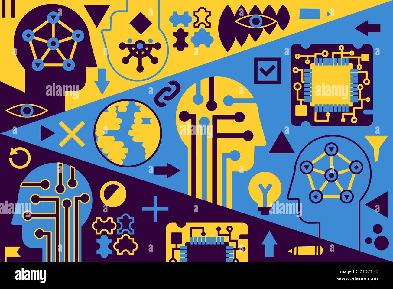 Pop Art Poster mit künstlicher Intelligenz in goldblauen Farben mit abstraktem Bild des Roboterkopfes mit Mikroschaltungen und Interaktionsschnittstelle. Vorlage für Stock Vektor