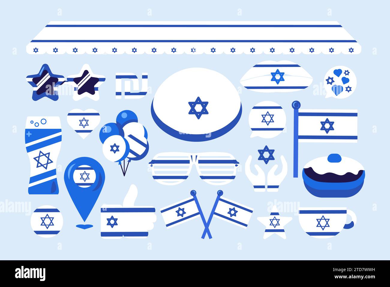 Sammlung von Israel festlichen Elementen, Attribute des Glaubenden Feiertags. Jüdische Flagge, Gebetsgeste, Sonnenbrille, David-Stern, Ballons, Getränk gl Stock Vektor