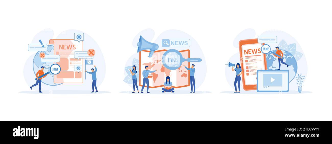 Mann mit Lupenkontrolle, Fake News und Klatsch mit Lupenscannen und Nachrichten auf dem Smartphone überprüfen. Fake News 1 Set Flat Vector mod Stock Vektor