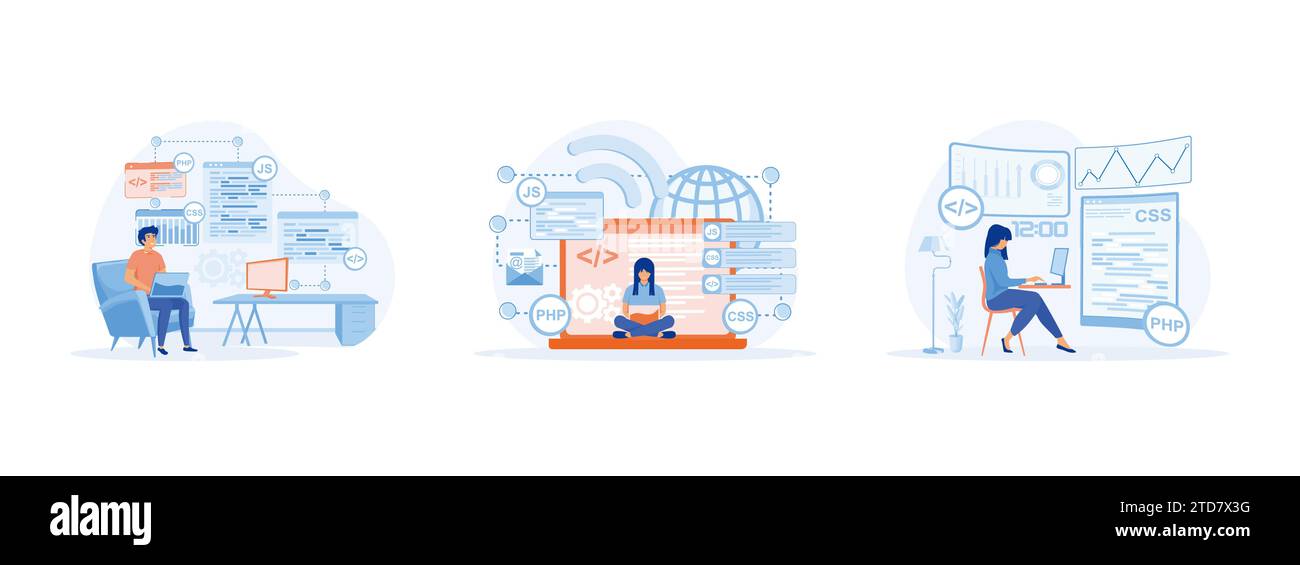 Junger Programmierer, der sich auf die Arbeit an Projekten, Codierung und Entwicklung konzentriert, entwickelt Software und Programmiercode. Programmiergerät (1) Set Flat Vect Stock Vektor