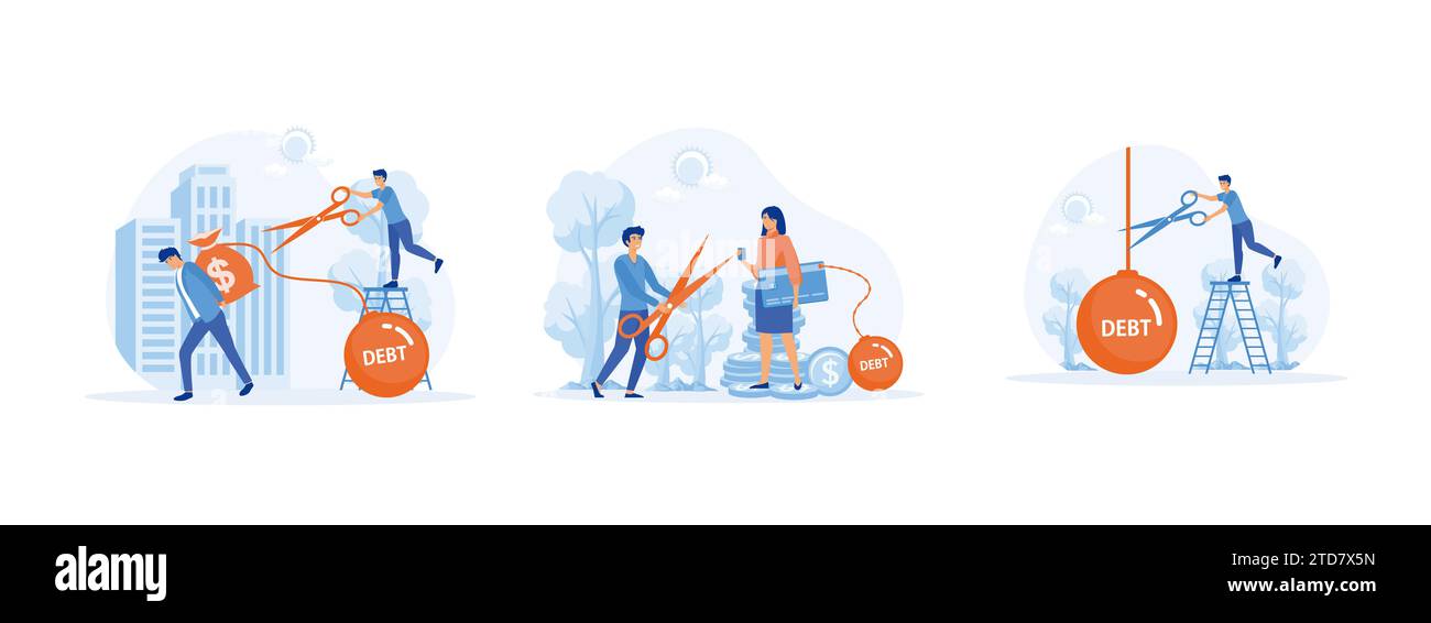 Der Geschäftsmann half dem jungen Mann, die Schulden zu überwinden. Finanzieller Analphabetismus und Schulden. Geschäftsmann Hand hält Scheren, um Schulden zu senken. Schuldenreduzierung - Zinssatz - Vektor Mo Stock Vektor