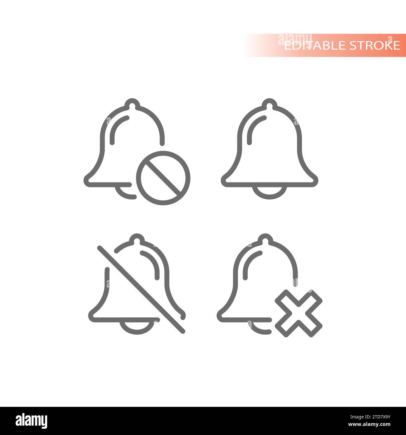 Stummschalten, kein Ton und stumme Vektorsymbole gesetzt. Glocke überkreuzte Kontursymbole. Stock Vektor