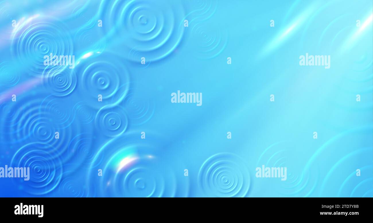 Draufsicht Ringe auf Wasser. Regnerischer sonniger Tag, leuchtende blaue Wasseroberfläche mit Regentropfen Wellen Kreise Vektor Hintergrund Illustration Stock Vektor