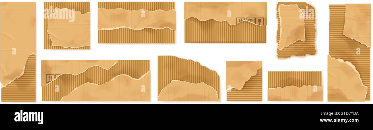 Zerrissene Pappstücke. Beschädigte Paperboard Blatt Textur Schrott mit gezackten Kanten, Herstellung und Versand Verpackung isolierte Vektor Illustration Set Stock Vektor