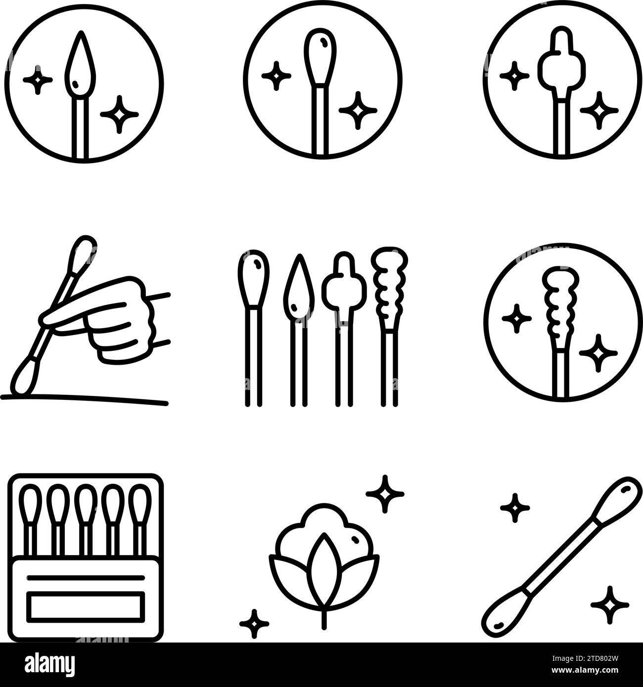 Baumwoll-Knospen umreißen den Symbolsatz. Lineare Vektorillustration aus Make-up-Sammlung. Baumwoll-Kunststoff-Stab-Symbol. Liniensymbol für Web- und mobile ap Stock Vektor