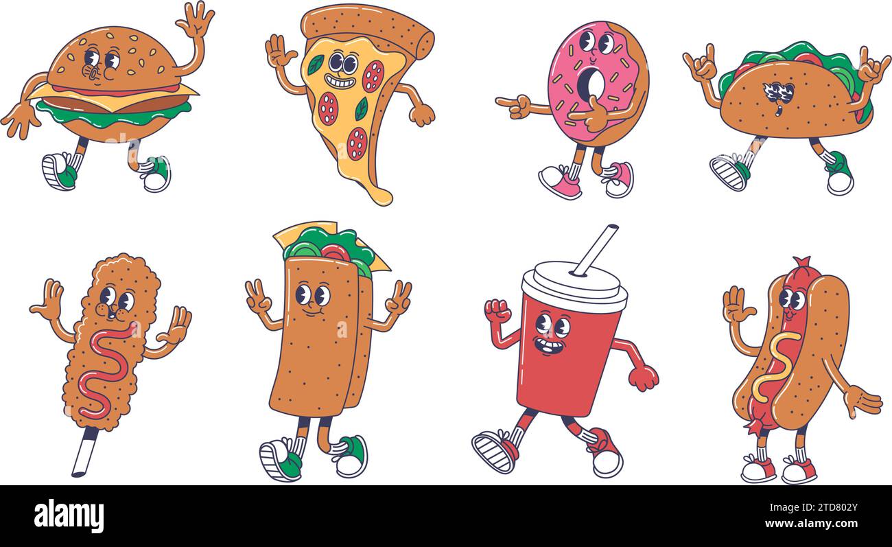 Cartoon Street Food Maskottchen. Burger-Charakter, Pizza, Donut und Taco. Corn Dog, Burrito, Limonade und Hot Dog Vektor Set Stock Vektor