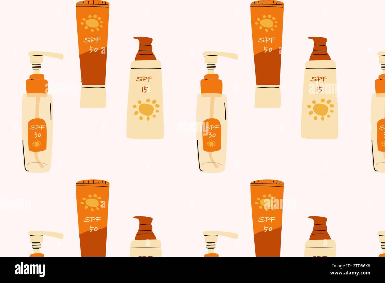 Nahtloser Hintergrund von Kosmetikprodukten für Sonnenschutz in flacher Optik. Vektor-Illustration isoliert, Set enthalten Creme, Spray, Lotion. Stock Vektor