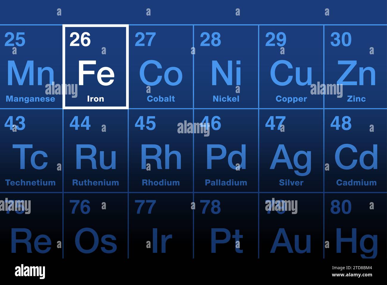 Eisenelement auf dem Periodensystem. Ferromagnetisches Übergangsmetall mit dem Elementsymbol Fe aus dem lateinischen ferrum und der Atomzahl 26. Stockfoto