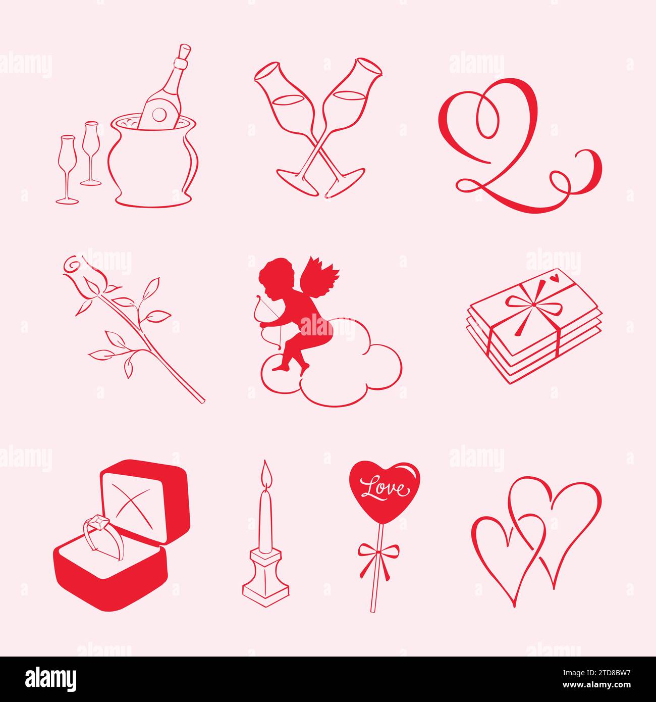 Valentinstag-Ikonen mit Cupid, Wein, Geschenkbox, Herz, Kerzen, Champagner, Kuchen und andere Elemente. Stock Vektor