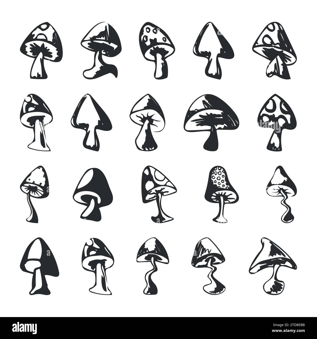 Satz von verschiedenen Silhouetten mit Pilzsymbolen isoliert auf einem weißen Hintergrund Vektor-Illustration. Stock Vektor