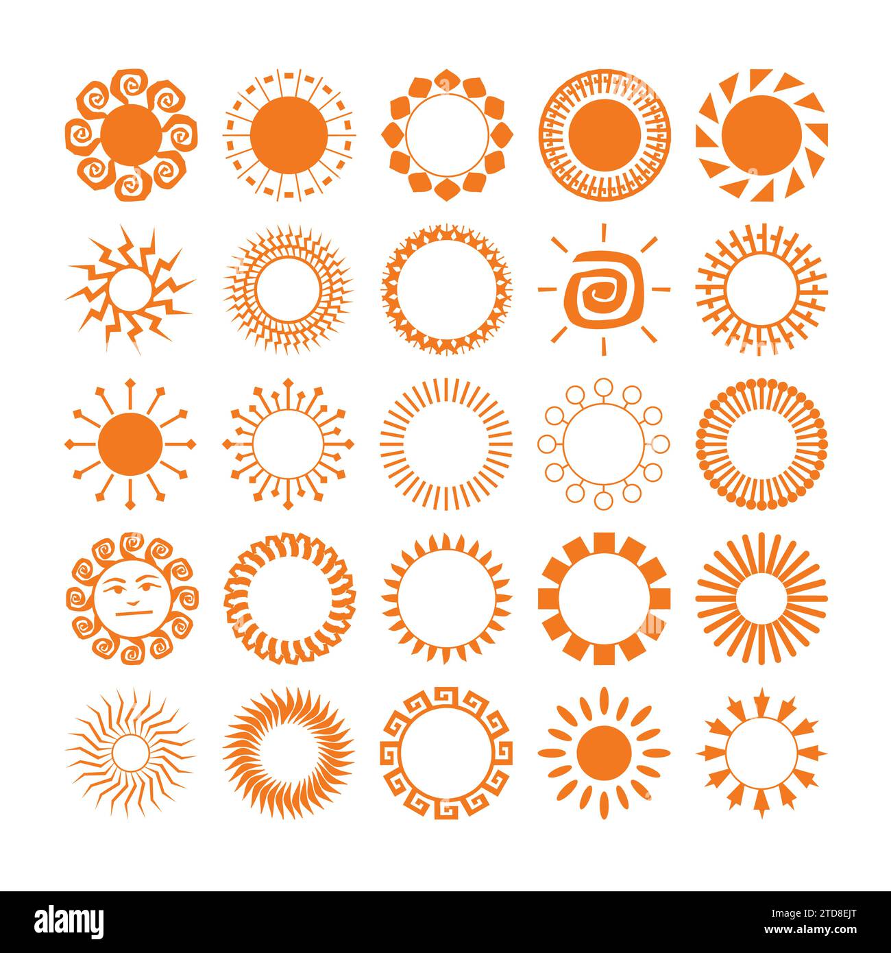 Vektorsatz von Sonnen- und Sonnenstrahlen-Symbolen. Verschiedene Sonnenkollektion. Summertime-Figurenkonzept. Symbole gesetzt. Stock Vektor