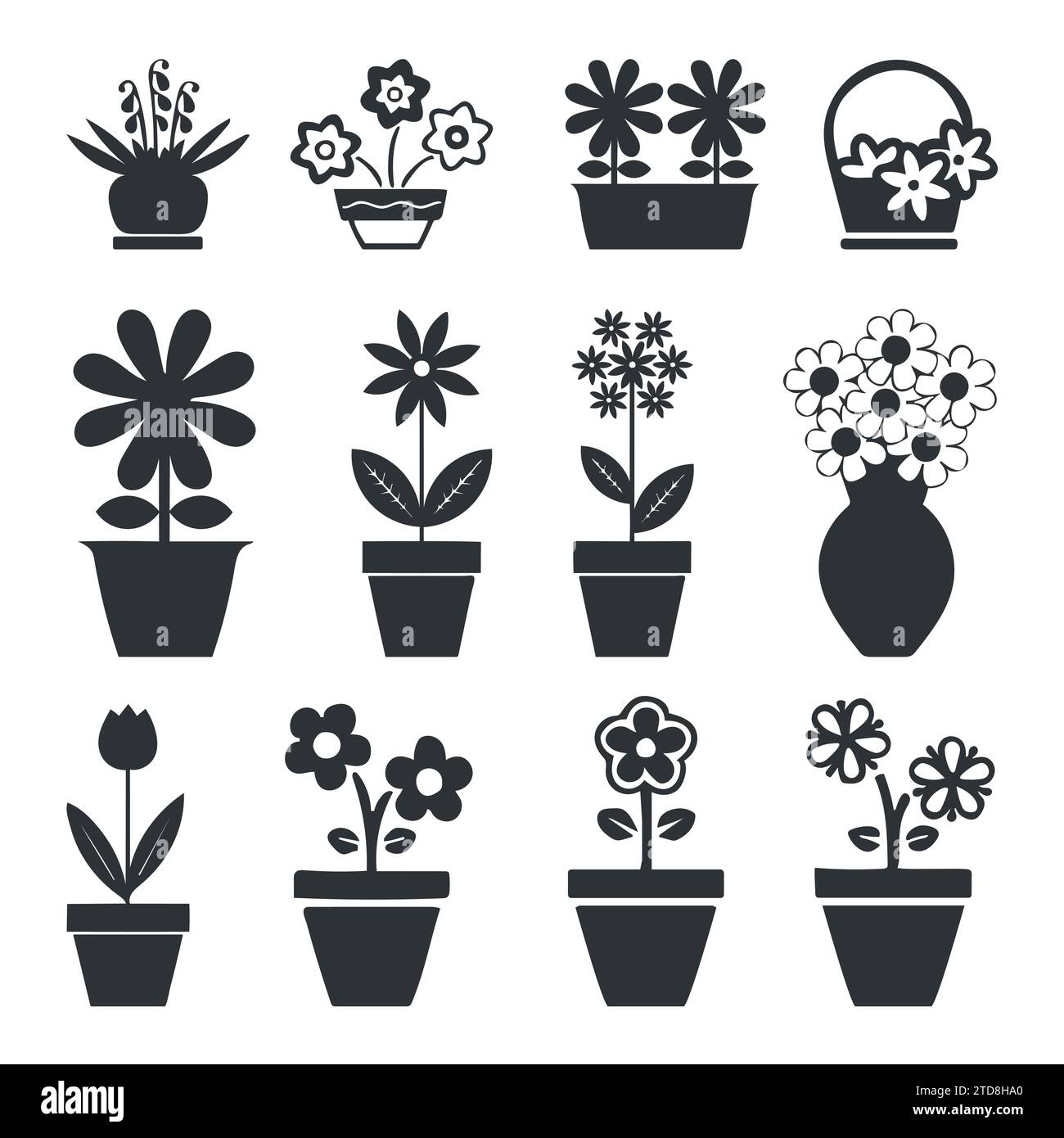 Vase mit Blumen Silhouette Icon Set Kollektion. Stock Vektor