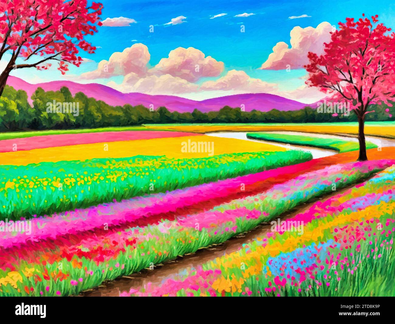 Bunte Lavendelfelder im Frühling (Malerei) Neo-Impressionismus. Stockfoto