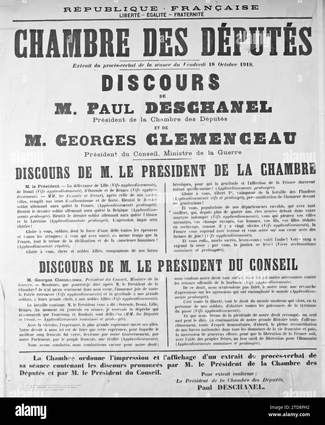 Paris, Frankreich Poster der Reden von Paul Deschanel und Georges Clemenceau in der Abgeordnetenkammer am 18. Oktober 1918, Registrierung, Information, erster Weltkrieg, politisches Leben, Poster, Frieden, Rede, Frankreich, Paris, Poster der Reden von Frau Paul Deschanel, Georges Clémenceau 10/18 1918, Paris, 24.11/1918 - 24.11.1918, Léon, Auguste, Fotograf, Gélatino-argentique, Glas, Autochrome, Foto, Négatif, negativ, Foto, Vertikal, Größe 9 x 12 cm Stockfoto