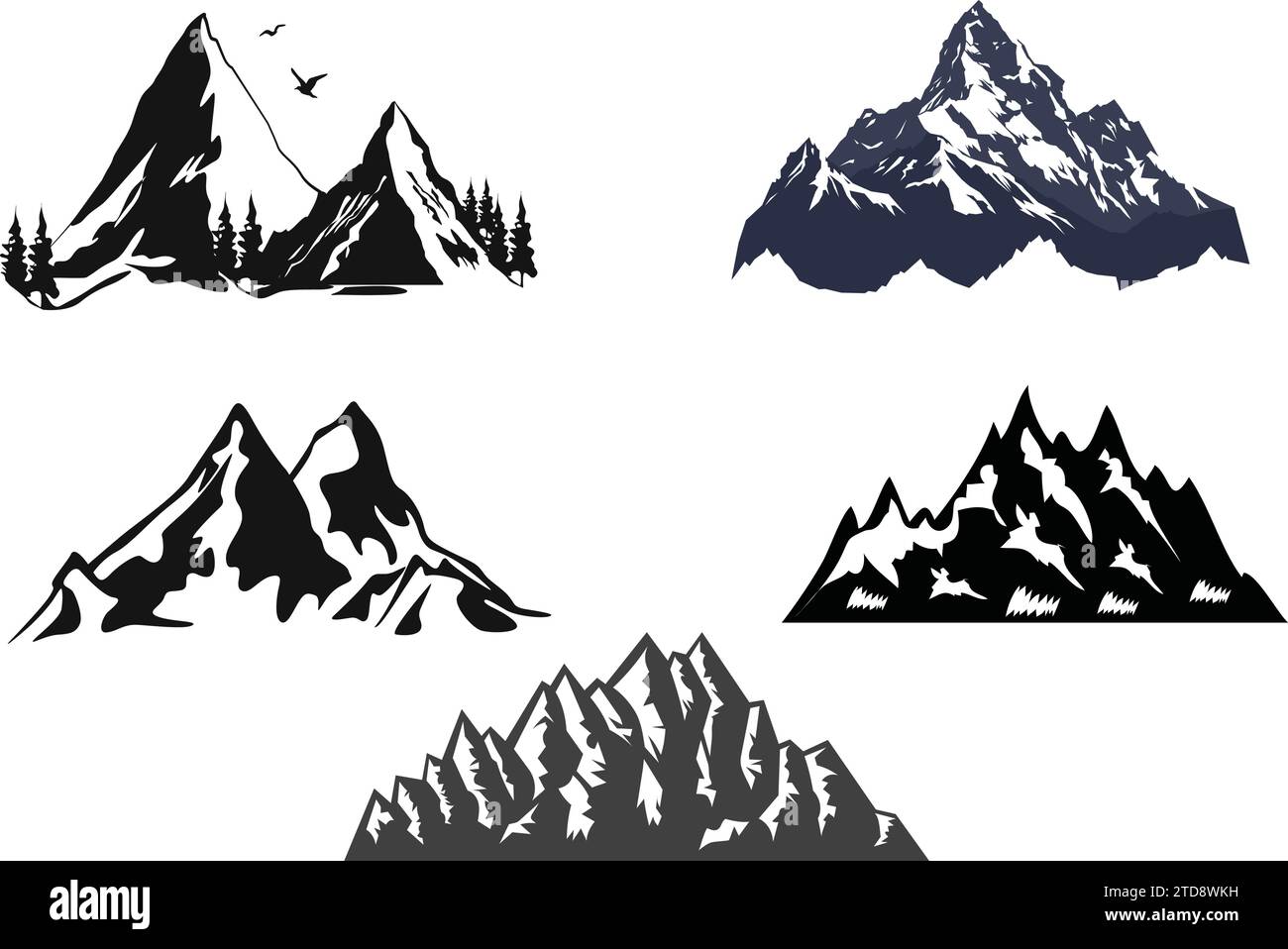 Vektor-Illustration des Farbgipfels des felsigen Berges Symbolsatz Stock Vektor