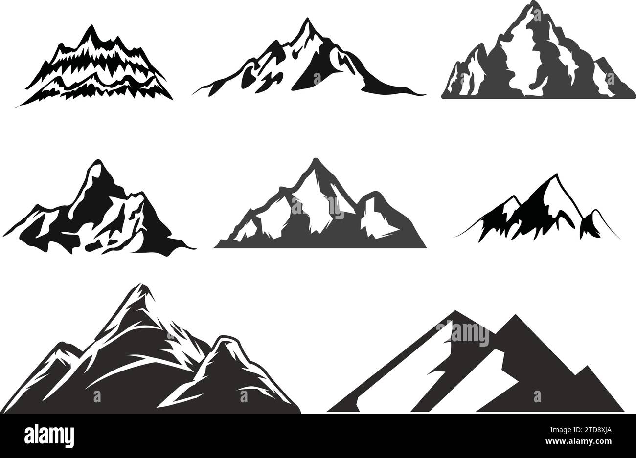 Vektor-Illustration Set der einfachen Berglinie Symbol, Silhouette Gipfel der felsigen Berge Stock Vektor