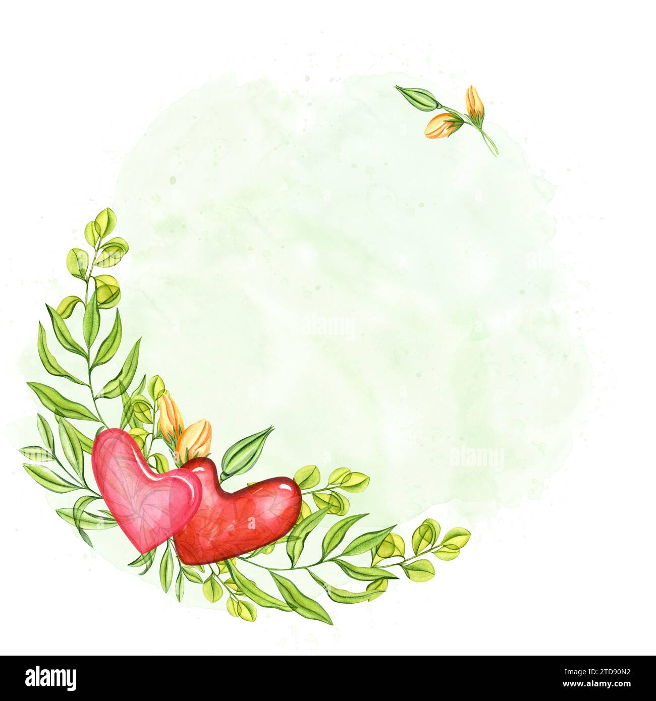 Durchsichtige rosa Herzen zwischen grünen Blättern und Rosenknospen. Romantische Frühlingspflanzen. Platz für Text auf dem Hintergrund grüner Farbstriche. Aquarell Stockfoto