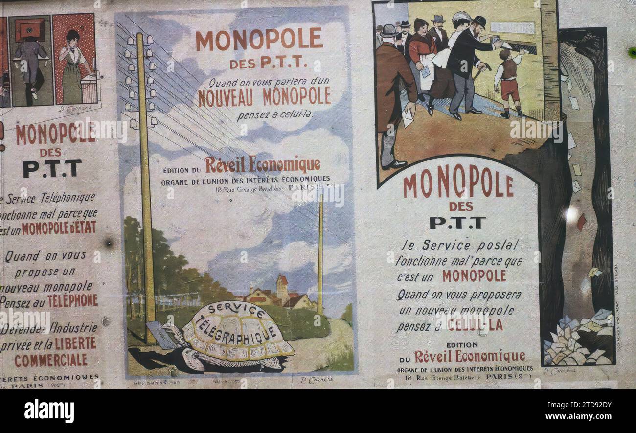 Paris, Frankreich Plakate der Union der wirtschaftlichen Interessen gegen staatliche Monopole, Registrierung, Information, politisches Leben, Poster, politische Partei, Wahl, Einsetzung, Propaganda, Sozialismus, Kommunismus, Frankreich, Paris, Plakate gegen Monopole, Paris, 19.08/1919 - 19.08.1919, Léon, Auguste, Fotograf, Autochrome, Foto, Glas, Autochrome, Foto, positiv, horizontal, Größe 9 x 12 cm Stockfoto