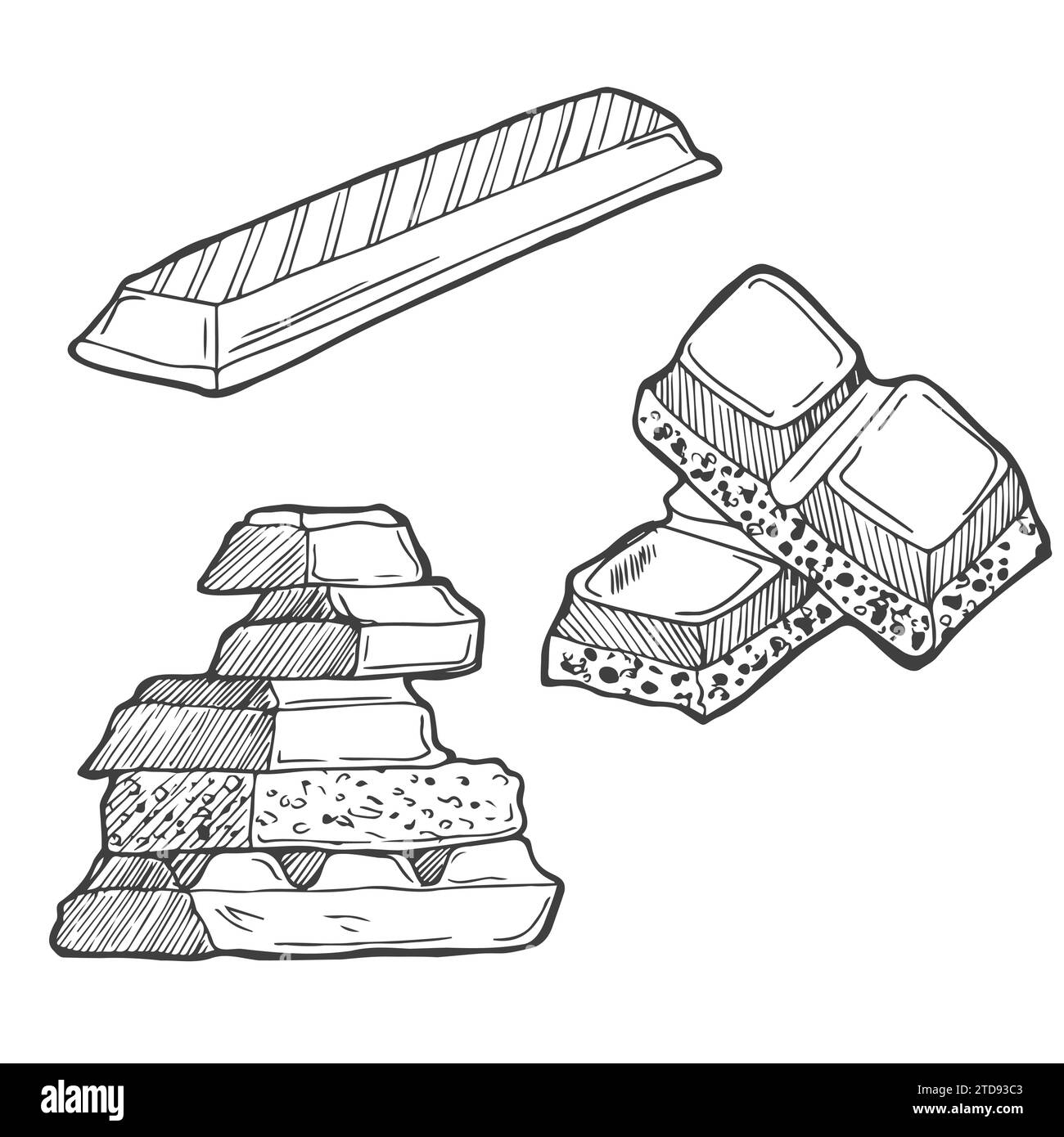 Verschiedene Arten von Schokoladenvektor-Illustration. Gezeichnete Schokoladentafeln, Süßigkeiten Stock Vektor