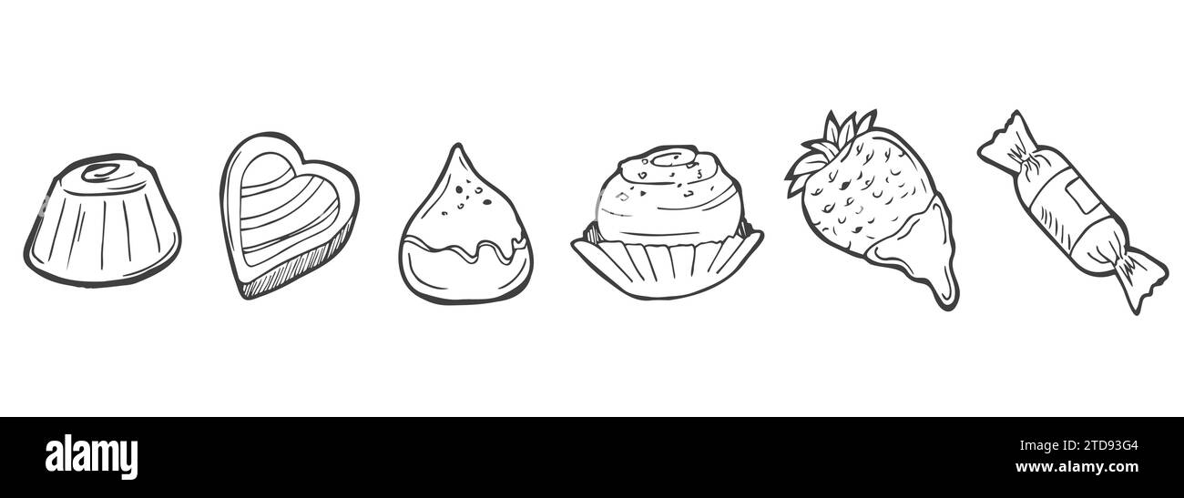 Schokoladenbonbons in Auswahl. Handgezeichnete Vektorillustration im Skizzenstil isoliert auf weiß. Für Design-Aufkleber, Menü Stock Vektor