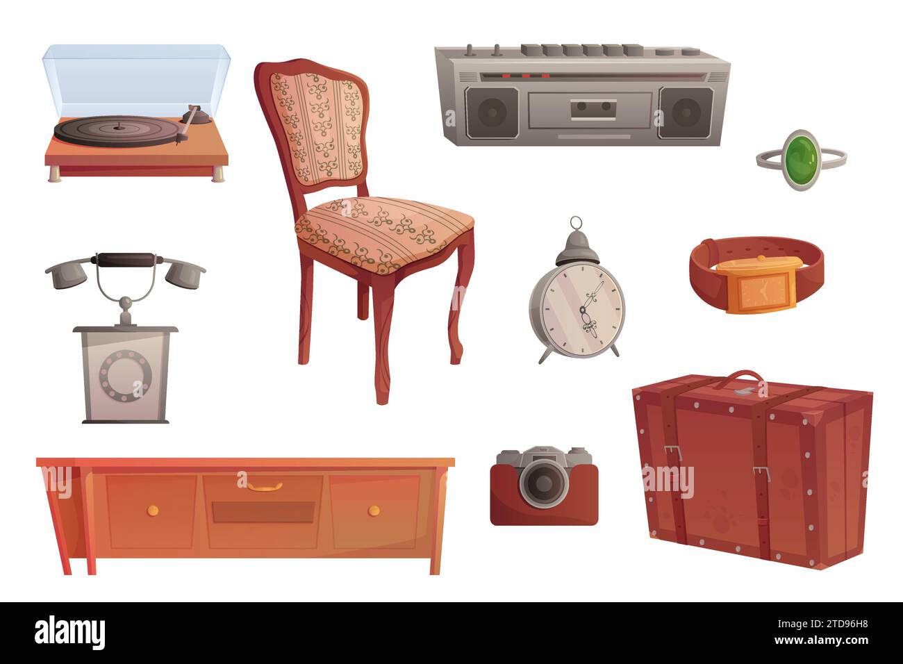 Pfandhaus Dinge setzen Vektor-Illustration. Karikatursammlung mit Pfandleiher, Schmuckringen und alten teuren Armbanduhren, Retro-Telefon und antiker Uhr, Musikplayer Stock Vektor