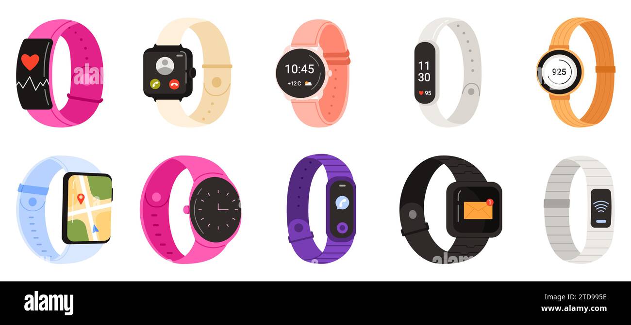 Smartwatch-Set. Verschiedene Wearable Smartwatches Sammlung mit mobilen Apps Display, Gadgets für Health Tracking und Uhr, E-Mail und Online-Anruf, GPS Karte auf dem Bildschirm Cartoon Vektor Illustration Stock Vektor