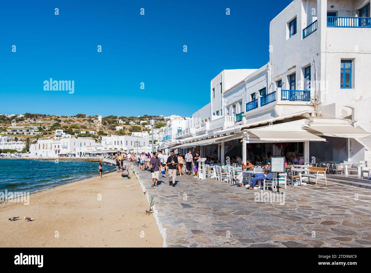 Der Hafen von Mykonos Town, genannt Chora weiß getünchte kubische Häuser enge Gassen Stockfoto