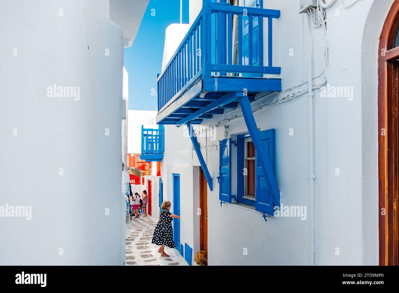 Die Stadt Mykonos, Chora genannt, weiß getünchte kubische Häuser und enge Gassen Stockfoto