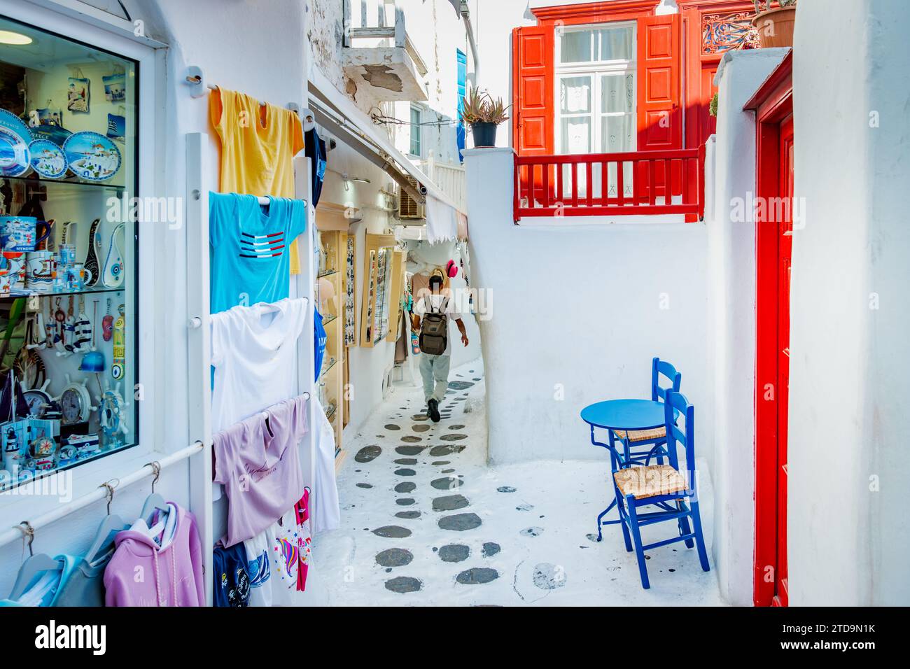 Die Stadt Mykonos, Chora genannt, weiß getünchte kubische Häuser und enge Gassen Stockfoto