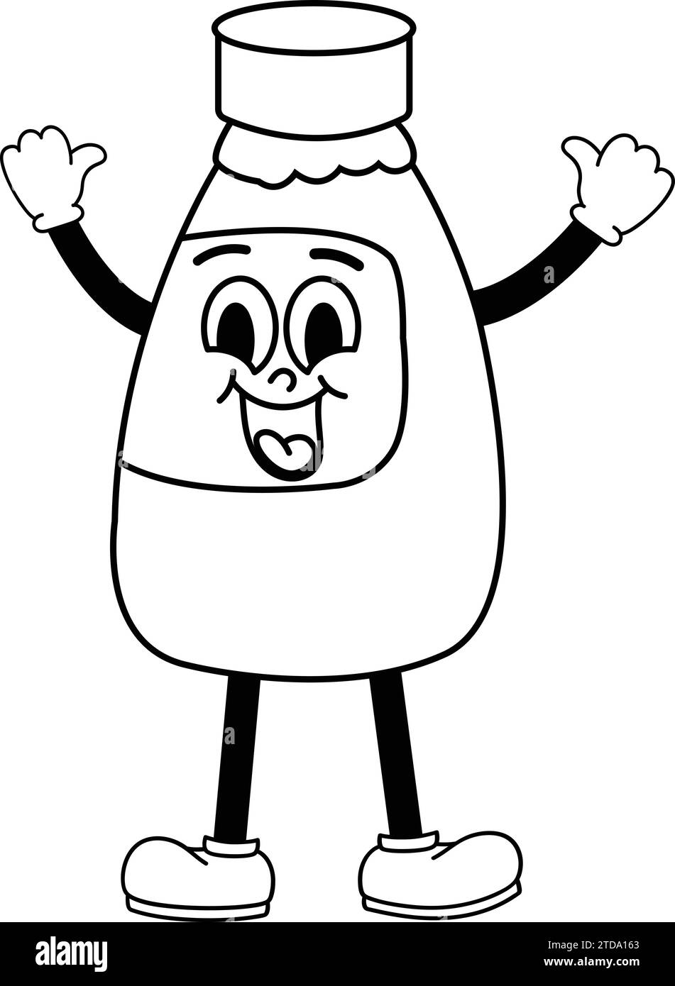 Abbildung eines Milchflaschencharakters, der eine Flasche Milch hält. Menschlich, flüssig, Konzept, flach, Symbol, Kunst, blau, Baby, Kindheit, Ernährung, Person, er Stock Vektor