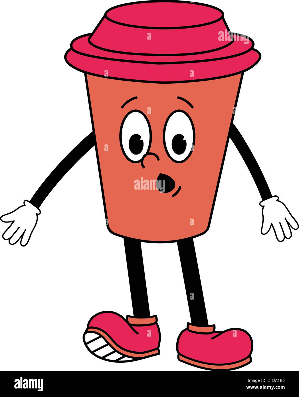 Cartoon Red Person mit einer Tasse Kaffee. Coffee Paper Cup Cartoon Character Stock Vector.plastic, Spaß, Take, Latte, Emotion, Grafik, einfach, flach, te Stock Vektor
