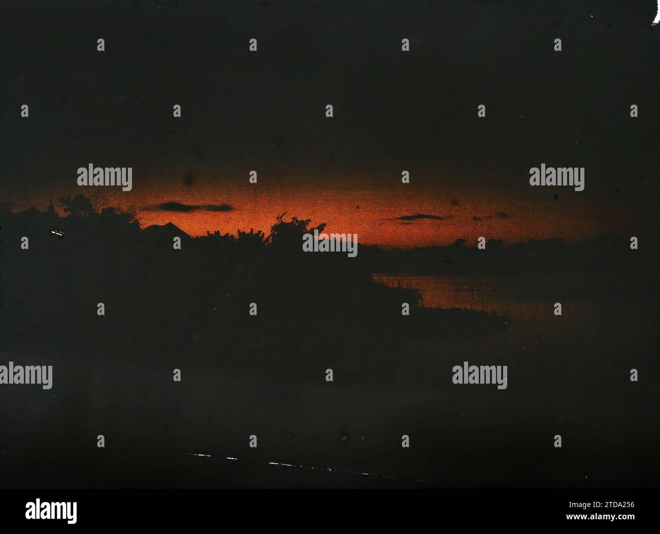 Hà-nôi, Hainoi Vietnam, Tonkin, Indochina Ein Sonnenuntergang auf dem Großen See, Natur, Umwelt, Landschaft, Sonnenuntergang, Sonnenaufgang, See, Teich, Indochina, Tonkin, Hanoi, Sonnenuntergang mit dem großen See, Last Rays, Grand Lac, 01.01/1914 - 31.12.1915, beschäftigt, Léon, Léon beschäftigt Fotograf en en Indochine, Autochrome, Foto, Glas, positiv, Horizontal Stockfoto