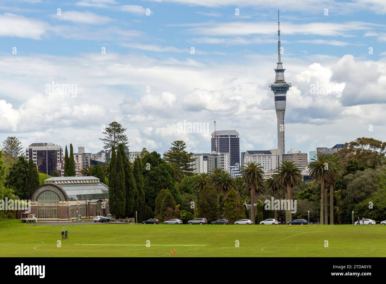Skyline des Geschäftsviertels von Auckland, Neuseeland mit dem Sky Tower Gebäude, einem Telekommunikations- und Aussichtsturm vom Observatory Hill aus gesehen. Stockfoto